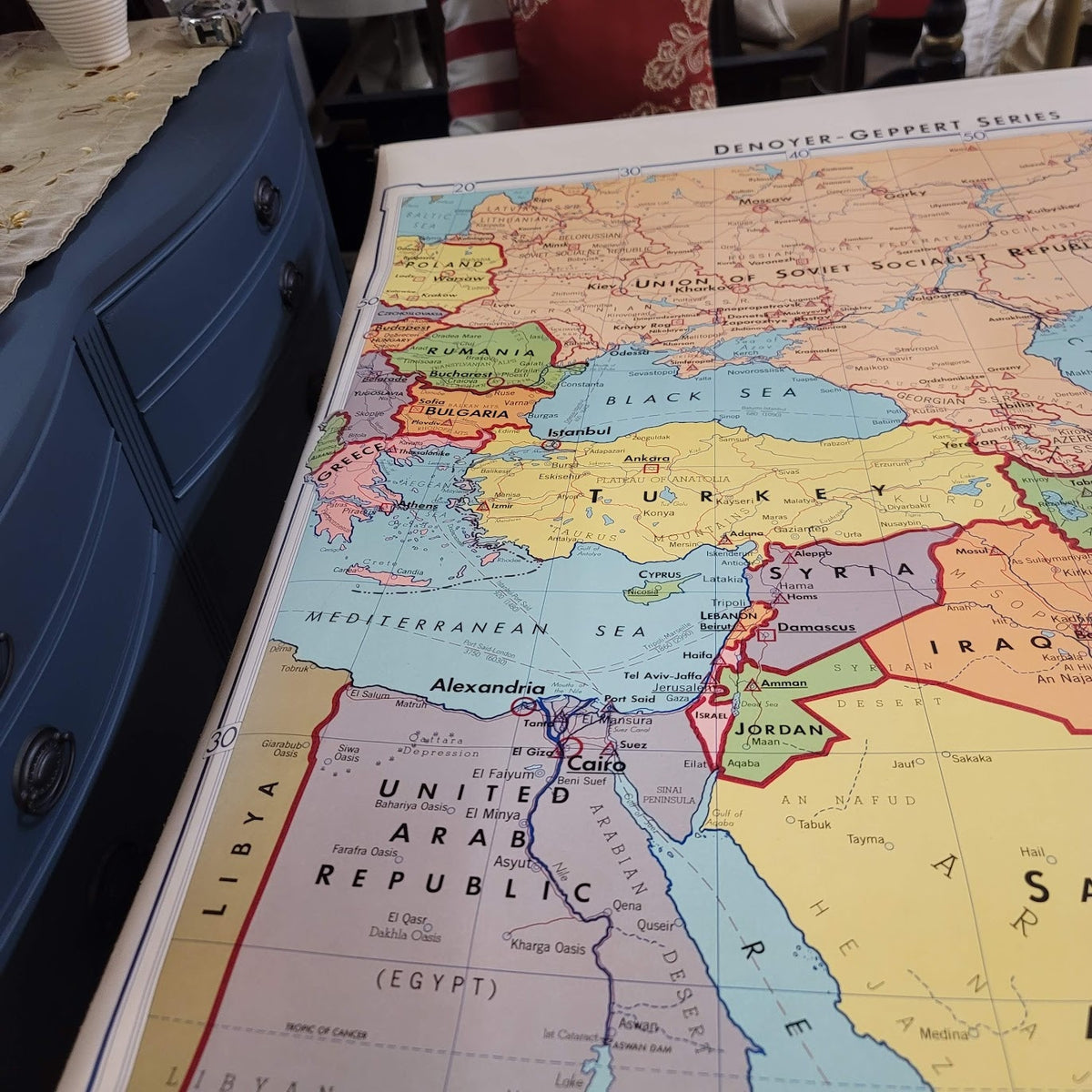 1967 Denoyer Geppert  School Wall Rollup Map The Middle East World Perspective