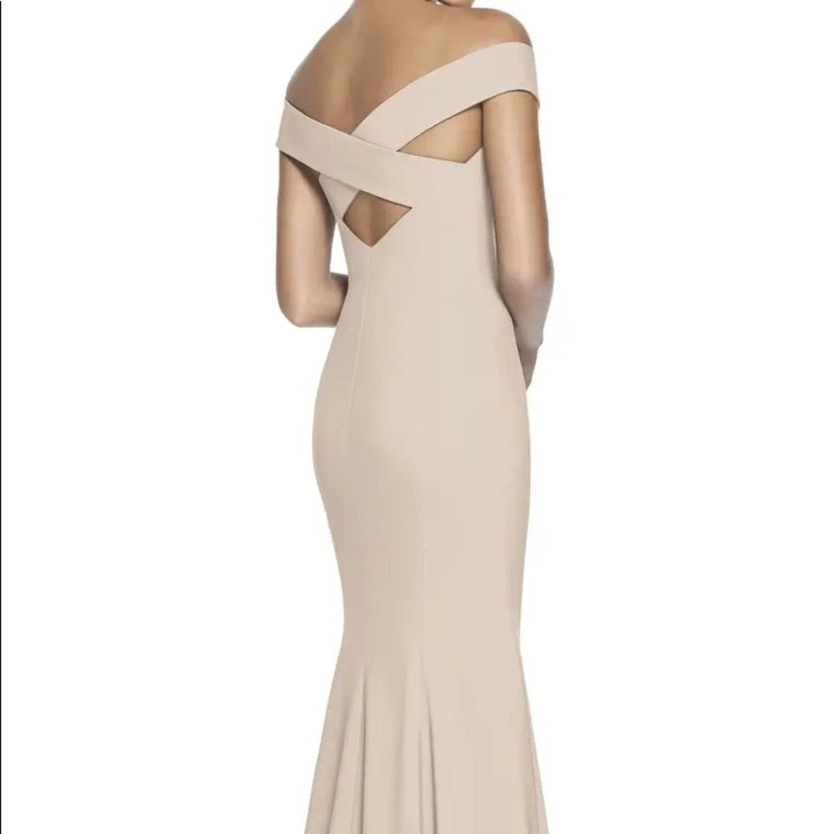 DESSY COLLECTION Size 8 Off-The-Shoulder Criss Cross Back Trumpet Gown In Cameo