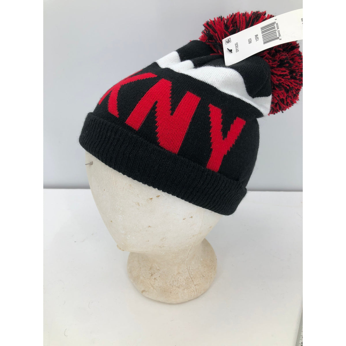 DKNY Women's Logo Stadium Beanie With PomPom Red/black hat Warmer