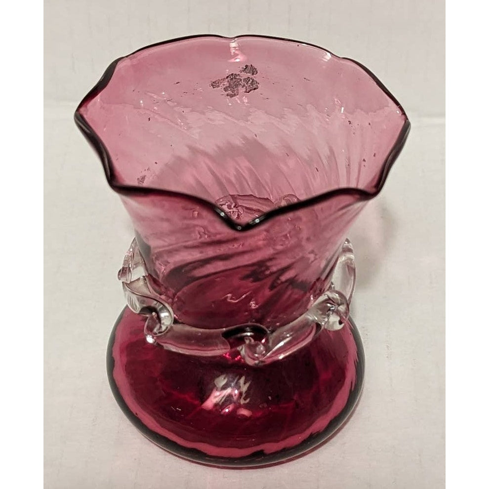 Vintage Pilgrim Cranberry Flared Vase with Clear Glass Accents Petaled Neck Pink