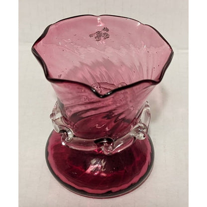 Vintage Pilgrim Cranberry Flared Vase with Clear Glass Accents Petaled Neck Pink