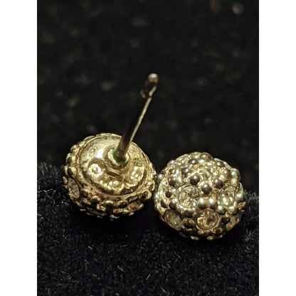 Monet Vintage Signed Disco Ball Post Earrings Silver Tone White Rhinestones