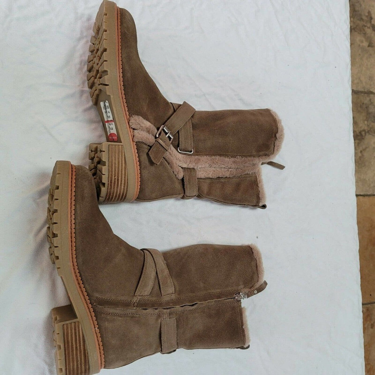 Sam Edelman Faux Fur Jailyn Boots Round Toe Adjustable Buckle Strap Suede 10 US