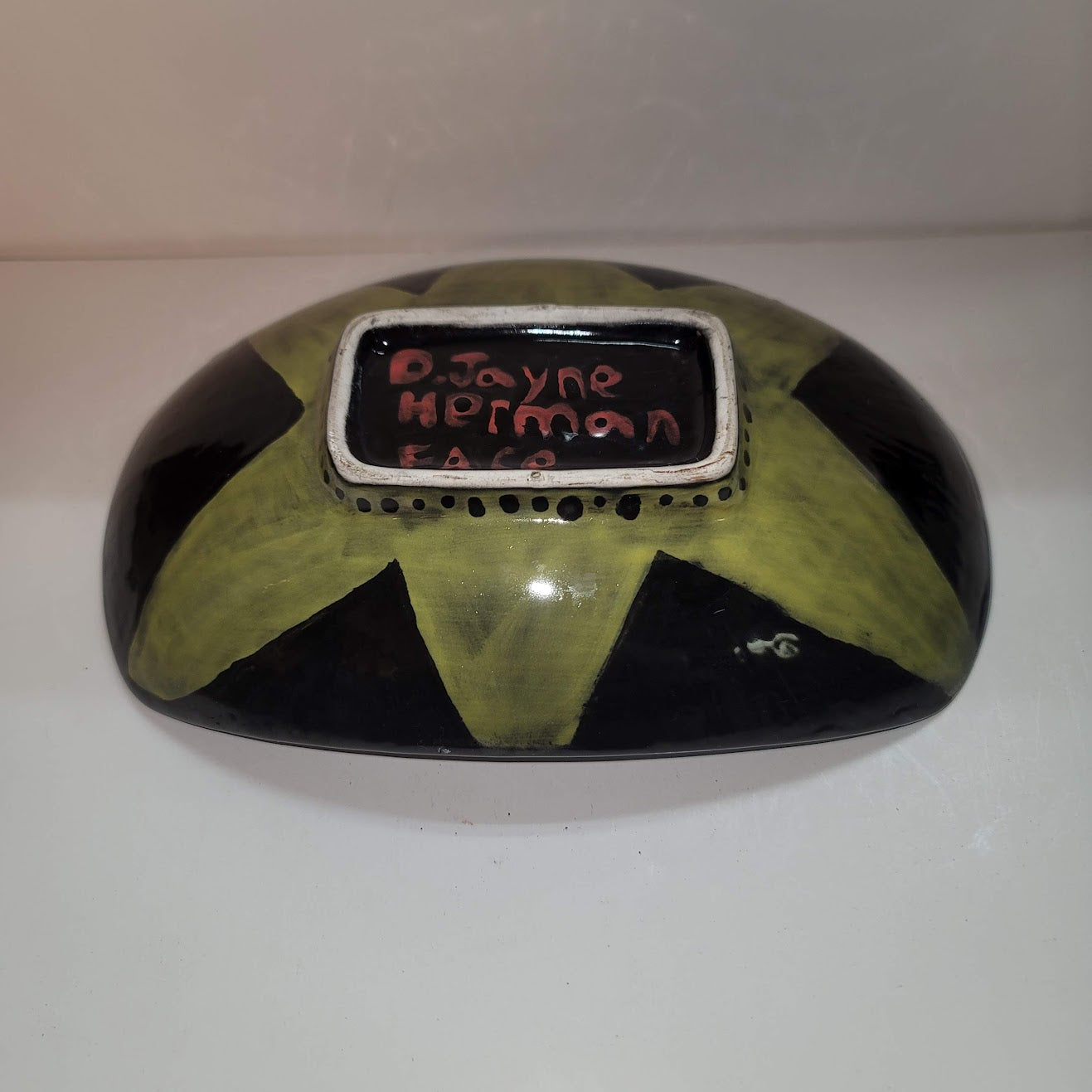 D. Jayne Herman Face Handmade Hand Painted bowl blue green MCM pottery
