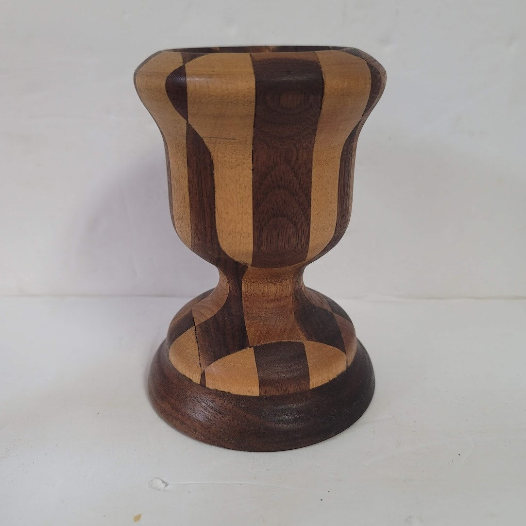 Wood handmade handturned candlestick Vintage Segmented Marquetry Parquetry