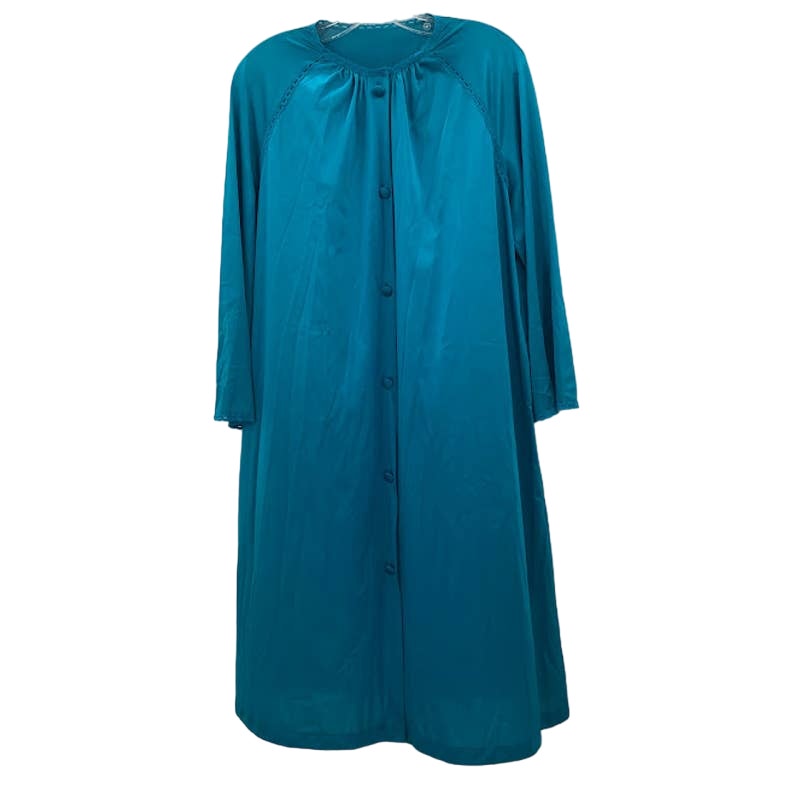 Vanity Fair Vintage blue robe nylon One Size button up 1960s midi housedress