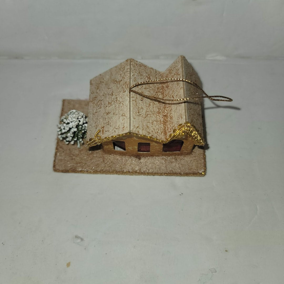 Vintage  Christmas Putz house Cardboard Mica Brown House with tree Ornament