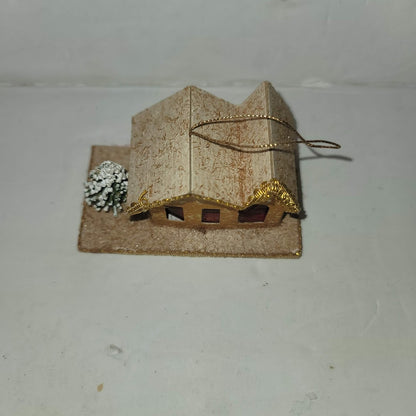 Vintage  Christmas Putz house Cardboard Mica Brown House with tree Ornament