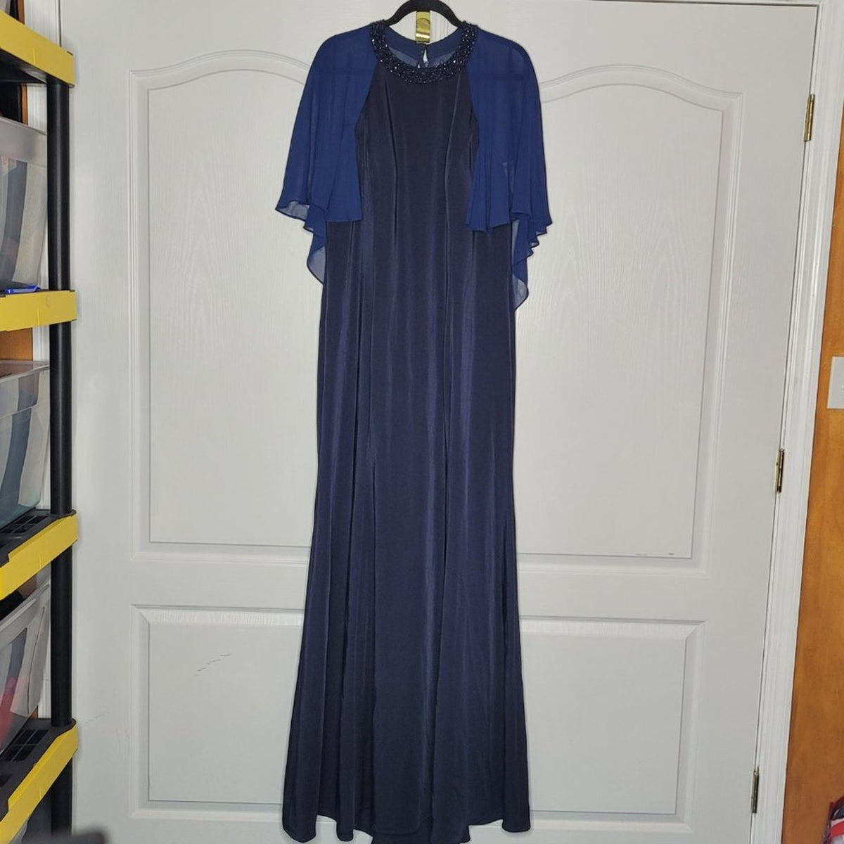 La Femme Navy Illusion Cape Trumpet Gown Jewel Neck Dress Size 16 Wedding Formal