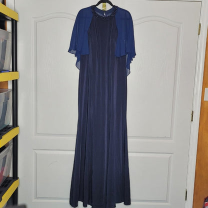 La Femme Navy Illusion Cape Trumpet Gown Jewel Neck Dress Size 16 Wedding Formal