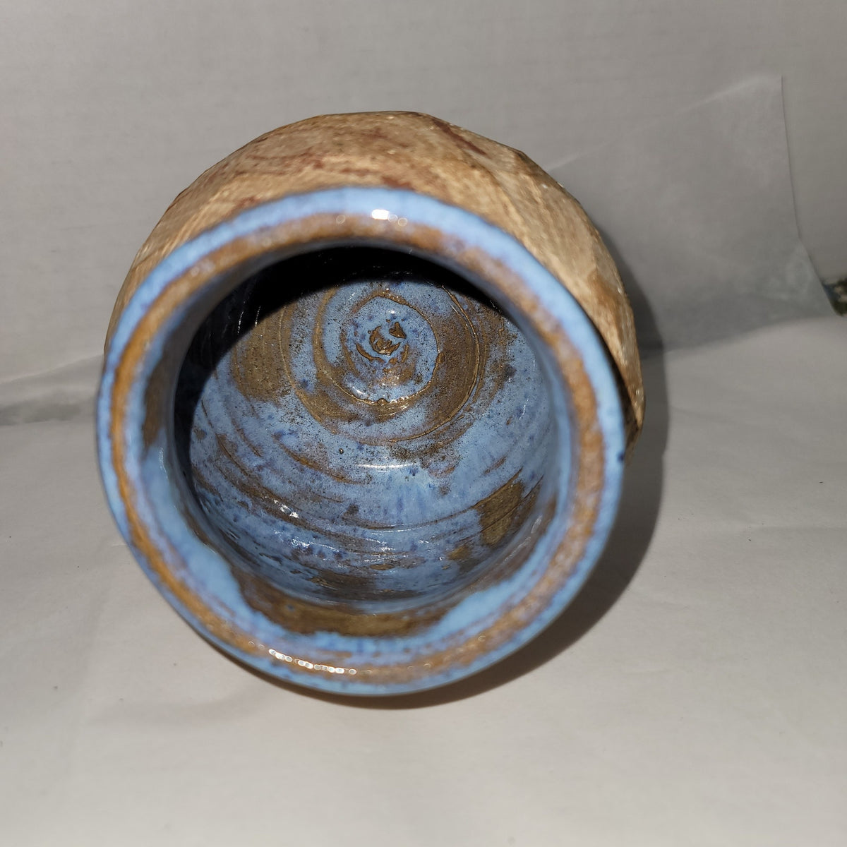 Art pottery clay vase shell imprinted earth tones Blue glaze Inside 4" handmade