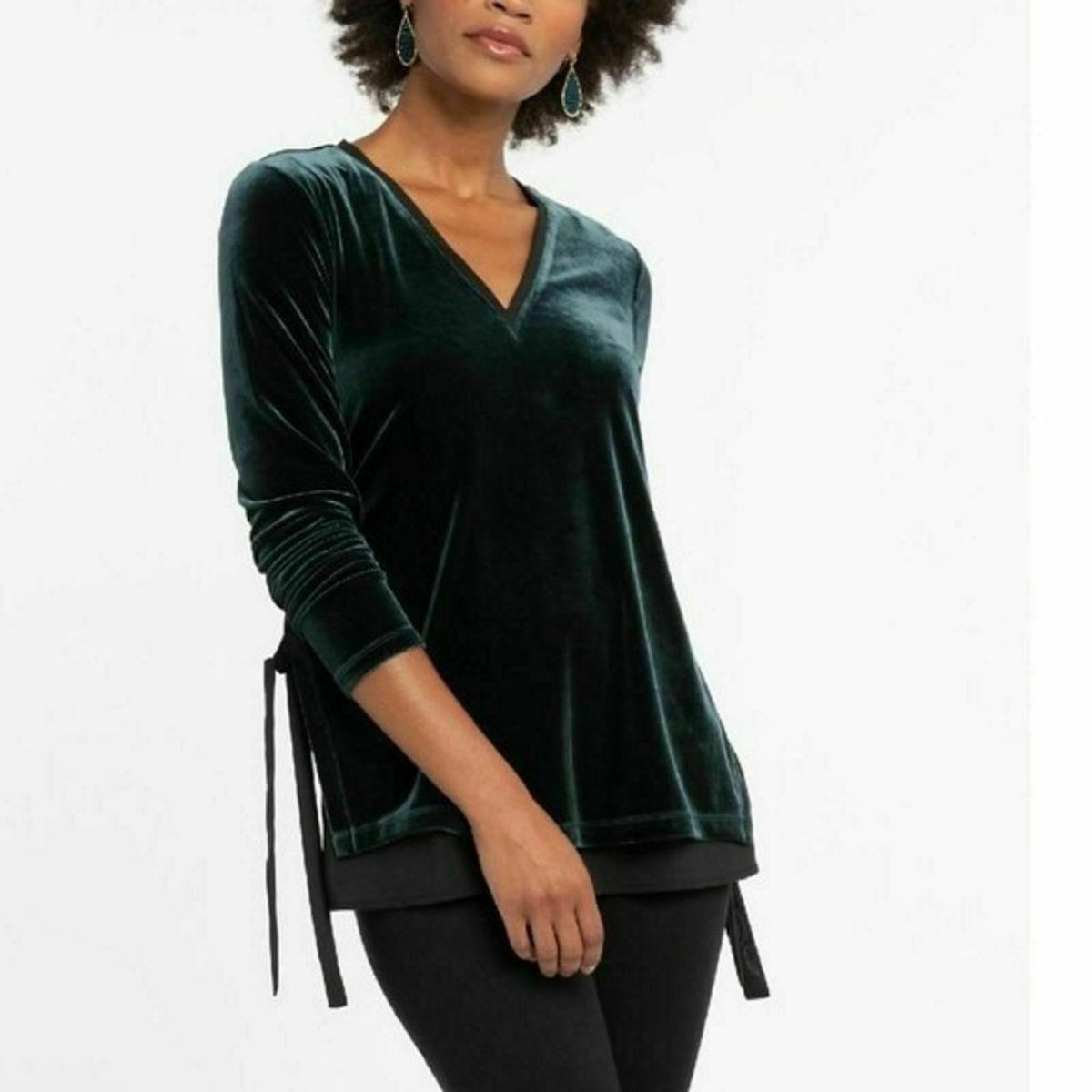 Nic+zoe Felicity Velvet Side Tie Blouse Top Three-Quarter Sleeves V-Neck Small