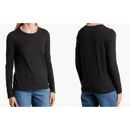 Madewell Long-Sleeve Crew Neck Pocket Tee Top Sz XS/Extra Small Black NWT