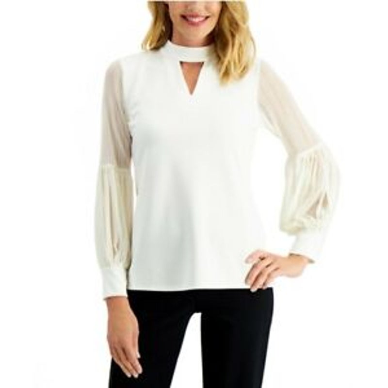 JM Collection Cream Blouse Top Keyhole Neck Long Sleeve XL CAREER BLOUSE SHIRT