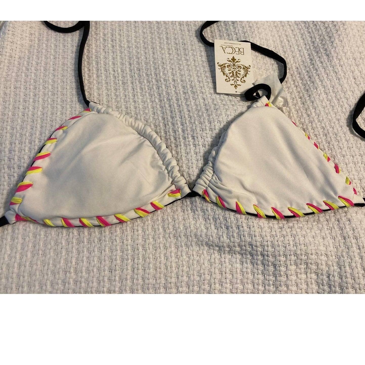 Becca Swim Reversible Triangle Sliding String Halter Bra Sz D Black Multi NWT