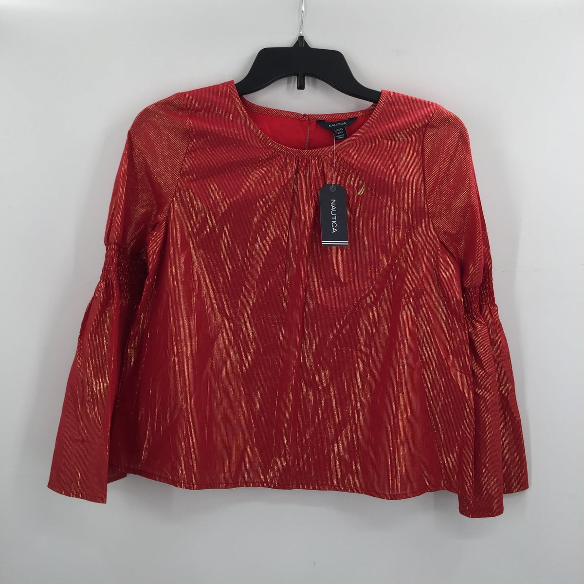 Nautica Red Gold Thread Bell Sleeve blouse Shirt Top 12/14 Large Girls