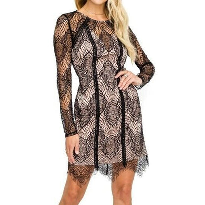 ASTR The Label Black Nude Long Sleeve Lace Illusion Bodycon Mini Dress Small NWT