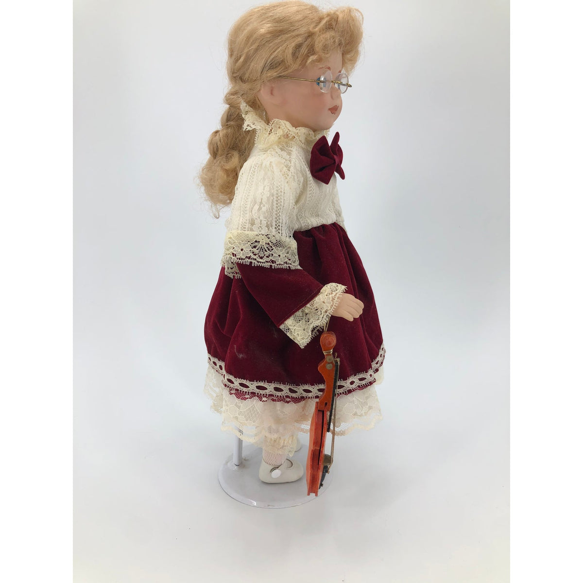 Vintage Violin Girl Doll White Petticoat Velvet Red Skirt