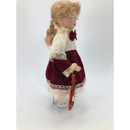 Vintage Violin Girl Doll White Petticoat Velvet Red Skirt