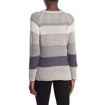 CENY NWT Oatmeal Gray Stripe Open Knit Sweater Size Large