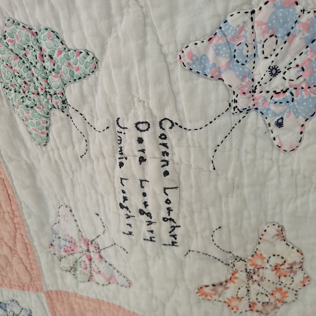 Handmade Pink White Quilt Full Queen Butterfly Stitched Names Community 80x66