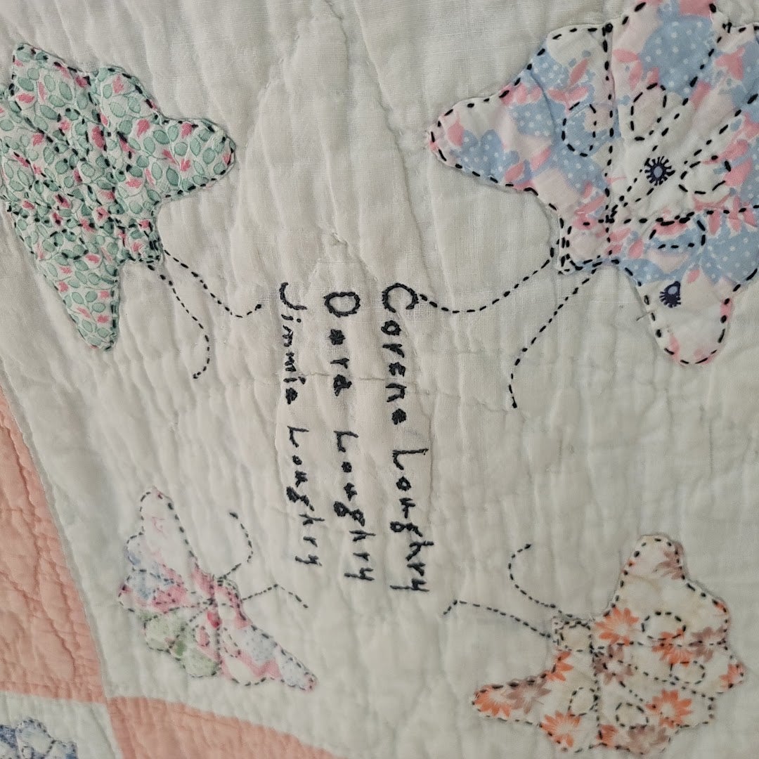 Handmade Pink White Quilt Full Queen Butterfly Stitched Names Community 80x66