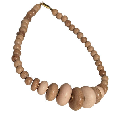 Vintage Pale Carved wood Bead Necklace Jewelry Light Browns Statement Piece