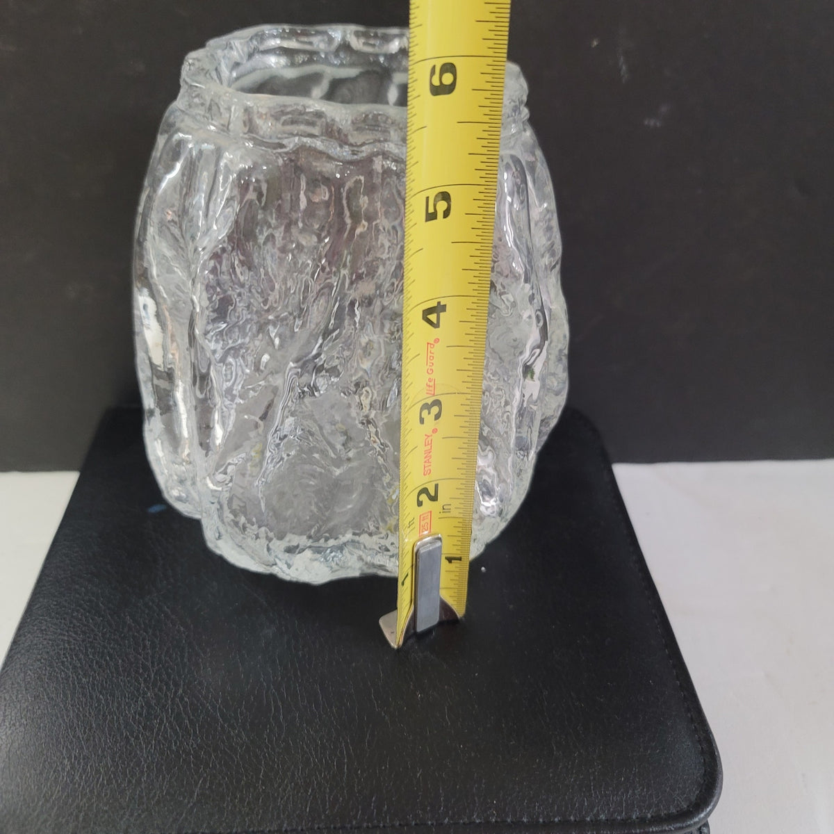 Vintage Ingrid Glashutte Ice block MCM vase 5.5" tall Clear Glass Bark Texture