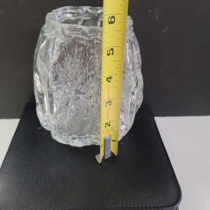Vintage Ingrid Glashutte Ice block MCM vase 5.5" tall Clear Glass Bark Texture