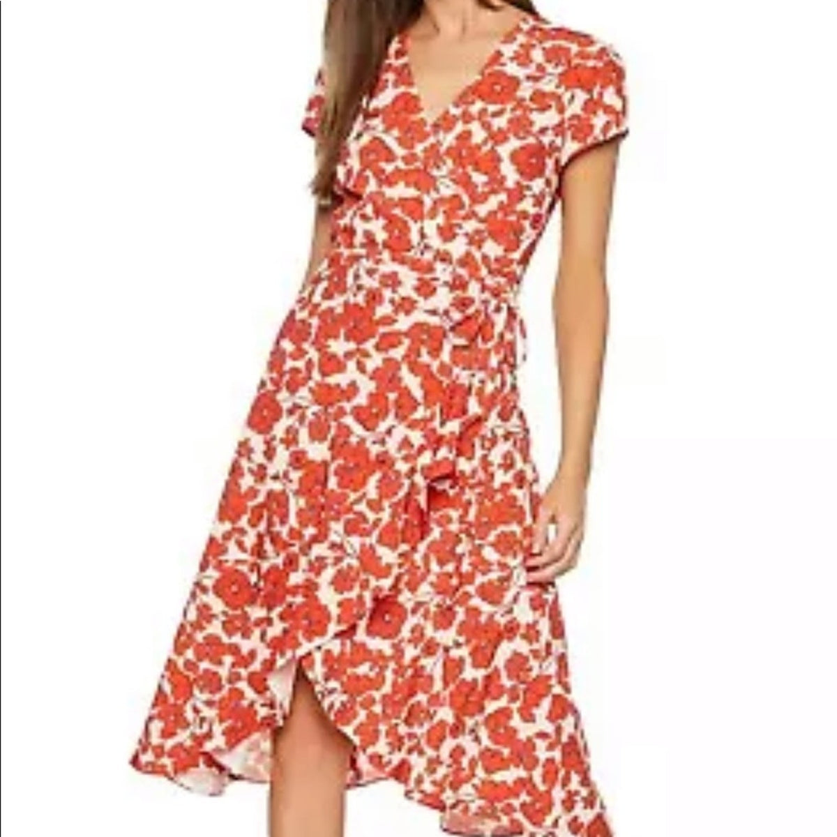 Bardot Sz 12 Red/White Fiesta Floral Faux Wrap Ruffle Short Sleeve Casual Dress