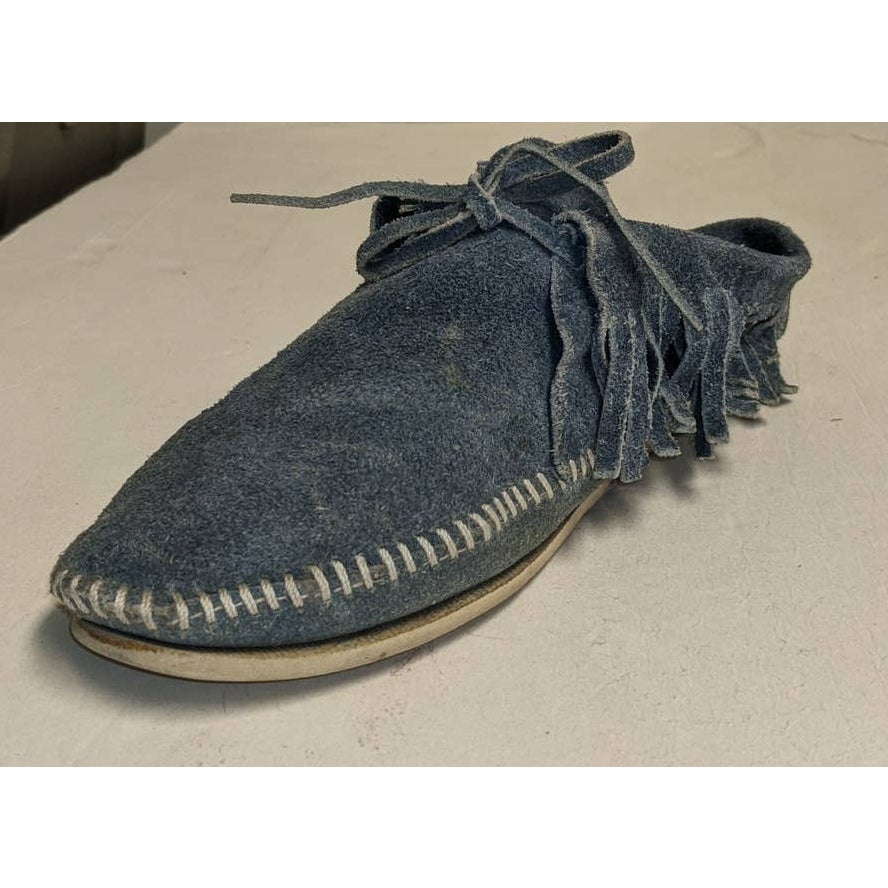 Vintage 80s Blue Suede Leather Fringe Moccasin Booties Soft Shoes  Size 8