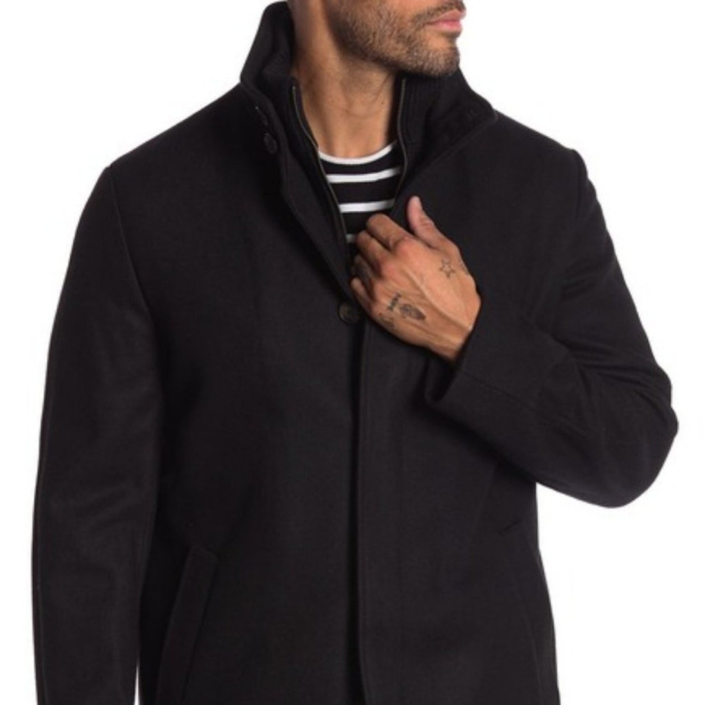 JWN Coat Long Sleeves Double Mock Neck Peacoat Blue Marl Button quilted Wool XL