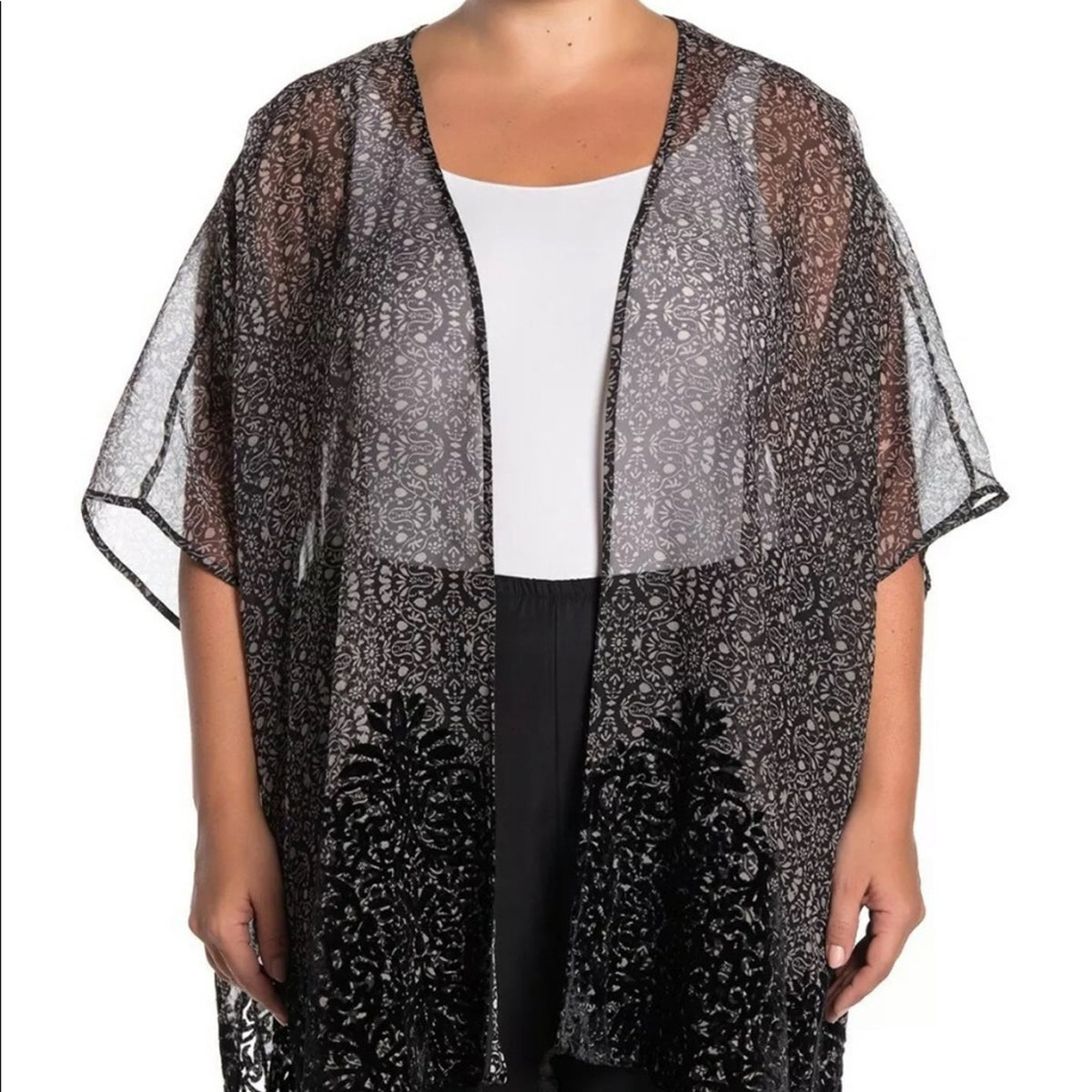 DR2 NEW Black Sheer Velvet Open Kimono Size 1X duster coverup Sheer lace