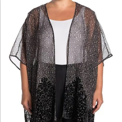 DR2 NEW Black Sheer Velvet Open Kimono Size 1X duster coverup Sheer lace