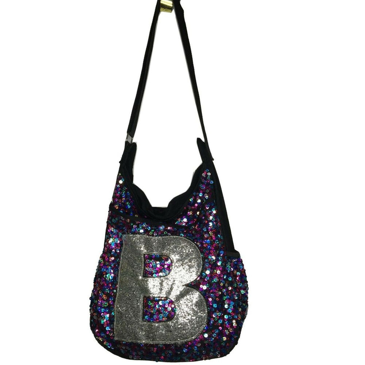Justice Women's Crossbody Hobo Bag Adjustable Strap Sequin Monogram B