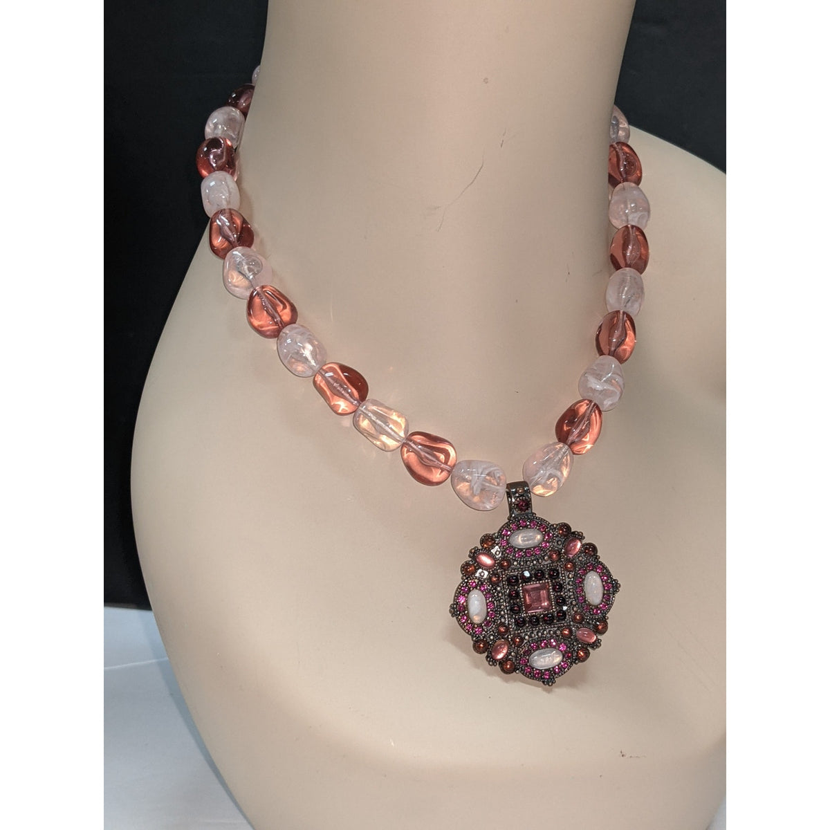 Vintage Costume Jewelry Pink Red White Rhinestone Pendant Beaded Neck