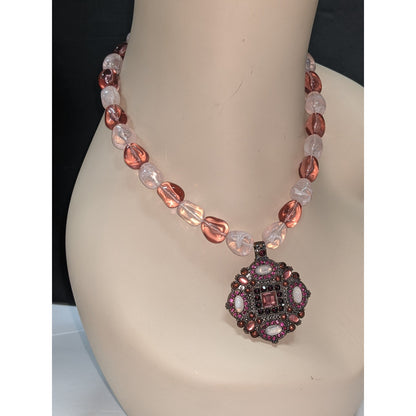 Vintage Costume Jewelry Pink Red White Rhinestone Pendant Beaded Neck