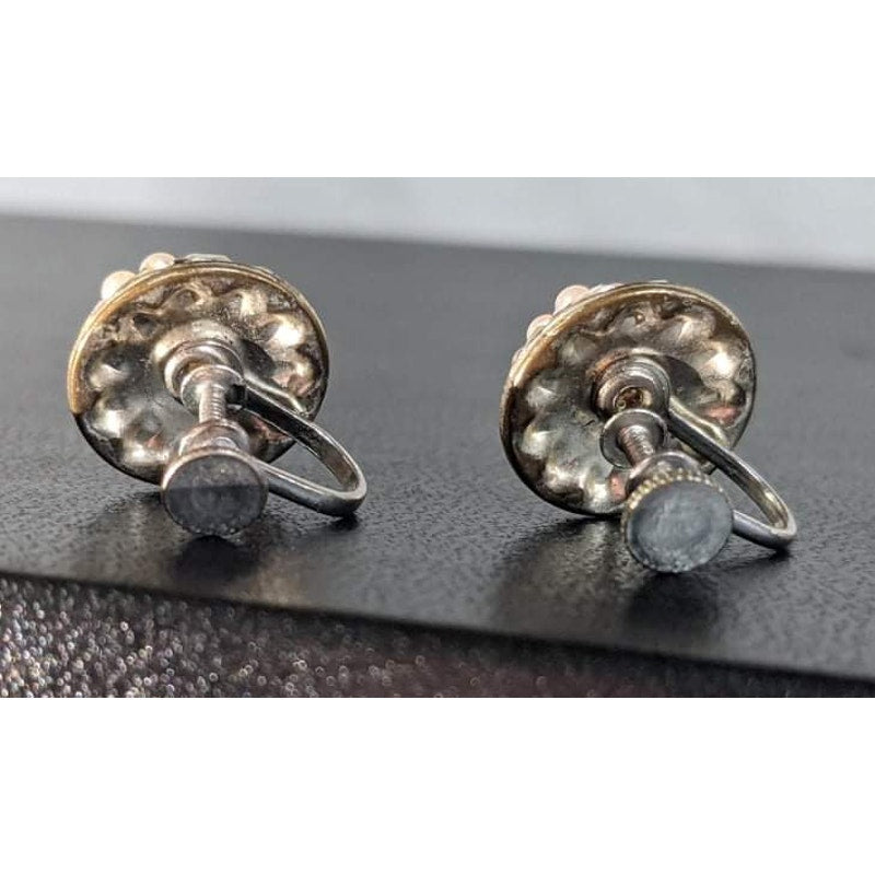 Vintage Mid-Century Pink Faux Pearl Rhinestone Screw Back Earrings Wedding Class