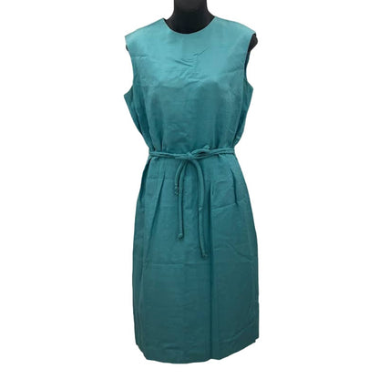 Vintage Teal Unbranded Sleeveless Belted Waist Tie Zip Up Round Neck Dress
