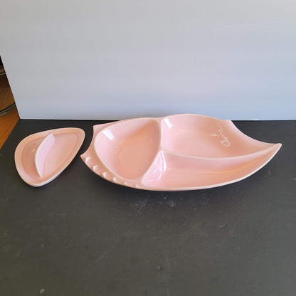 California Pottery Pink Covered Dish MCM Divided Leaf Shape Serving Tray VINTAGE