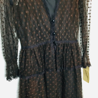 Brenner VINTAGE Sheer Dress Long Sleeve V-Neck Front Button Swiss Dot Lined New