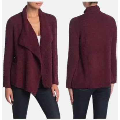 Bobeau Wine Burgundy Boucle Popcorn Draped Button Cardigan Sweater