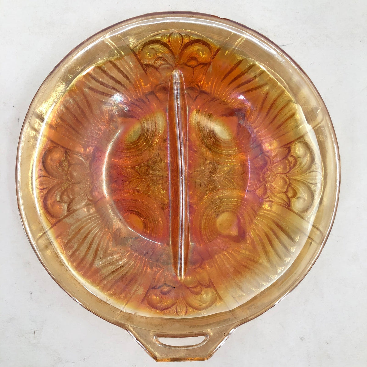 Vintage Iridescent Marigold Carnival Glass Divided Candy Nut Dish Open Handle