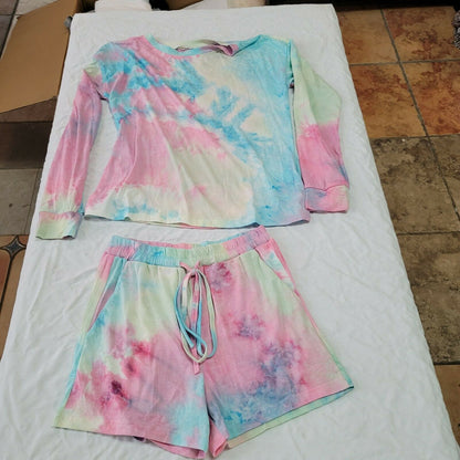 Adele B. Pastel Tie-Dye Long-Sleeve Tee & High Waist Drawstring Shorts Small NEW