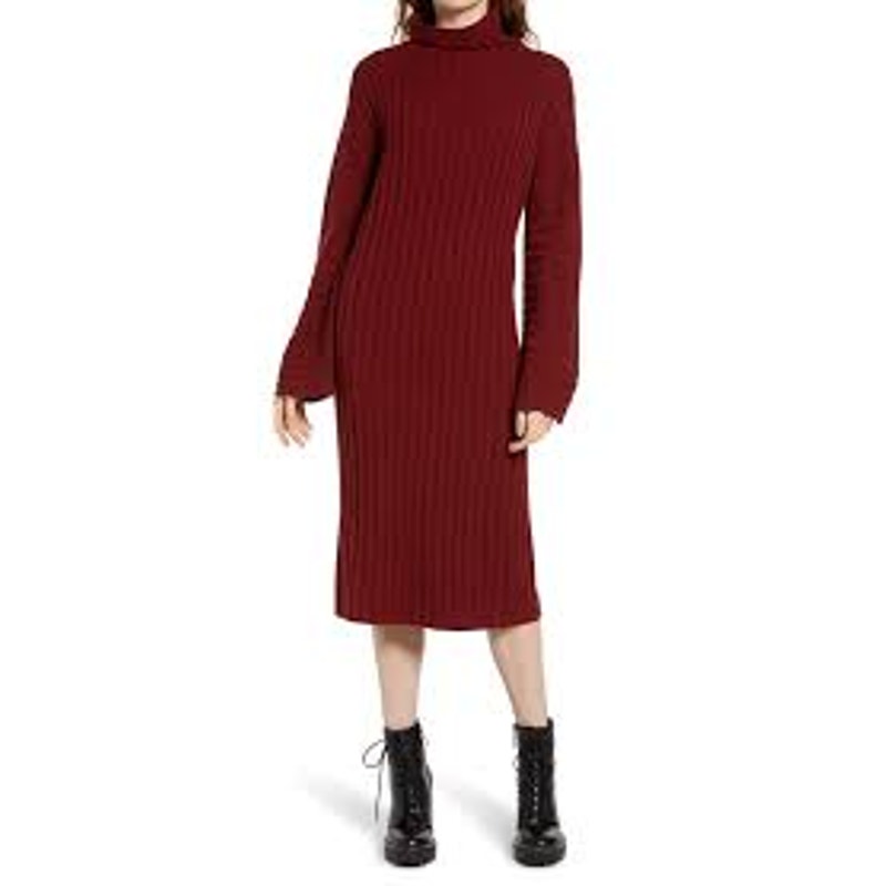 BP Cozy Ribbed Long Sleeve Sweater Dress Turtleneck Burgundy Size Small