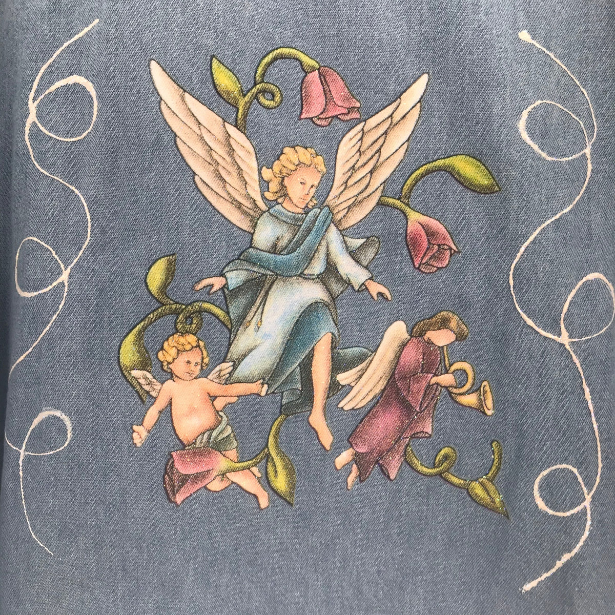 H & J Fashion Angel Figures Flower Print Denim Shirt Long Sleeve Large