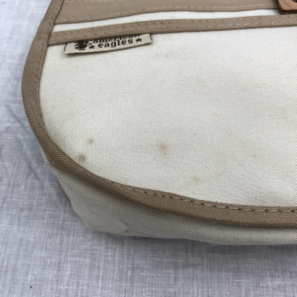 American Eagles Vintage Brown Cream Canvas Bag with Wooden Handles Top Handle