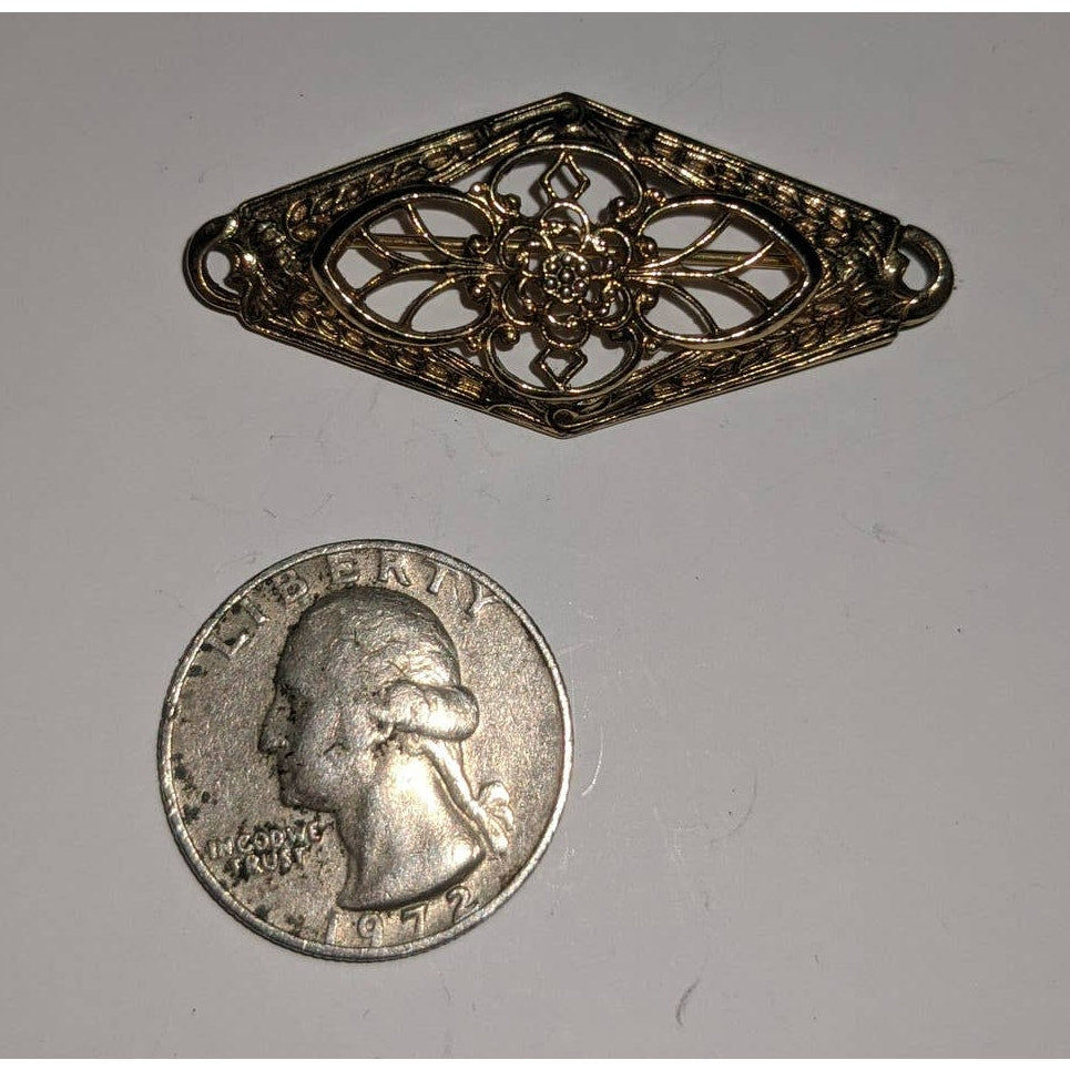 Vintage Gold Tone Floral Filigree Brooch Open Design Diamond Shape Pin