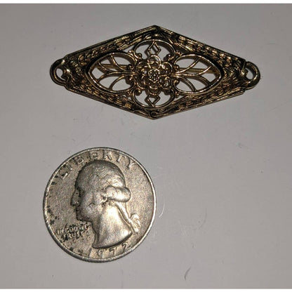 Vintage Gold Tone Floral Filigree Brooch Open Design Diamond Shape Pin