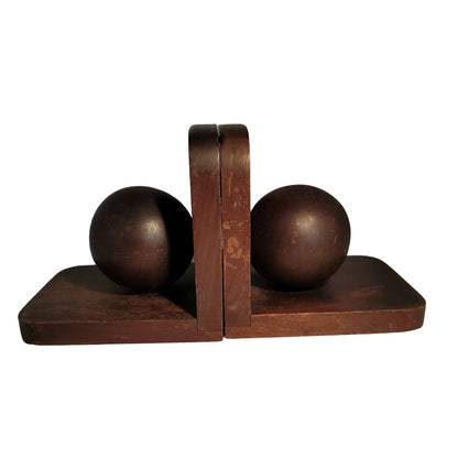Vintage Pair Carved Wood Sphere Balls Orb BookEnds Walnut checkerboard Inlay MCM